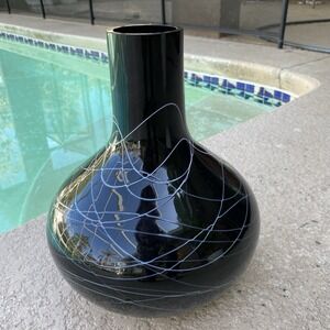 Black Hand Blown Art‎ Glass Vase 11" Tall Black Glass With White Glass Swirls